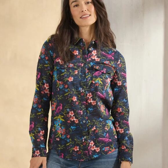 Sundance Tops - Sundance Onyx Floral Joy Cotton Shirt Whimsical Birds Multicolor Large